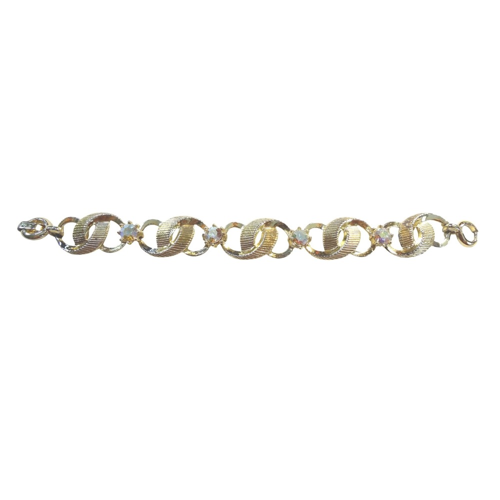 Vintage Rose Gold Tone Link Bracelet 7.5" Gold Excellent AB Rhinestone Ribbed